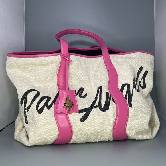 Palm Angels Pink Leather Logo Tote Bag Shoulder Carryall Large Display Model - Picture 8 of 16